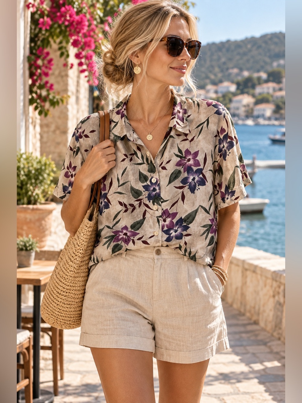 Women’s Floral Short Sleeve Silk Button-Up Shirt in Beige and Purple